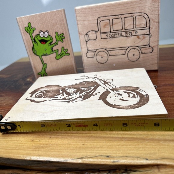 Lot Of‎ 3 Crafting Stamps Happy frog, School Bus And Harley Davidson Motorcycle - Picture 3 of 4